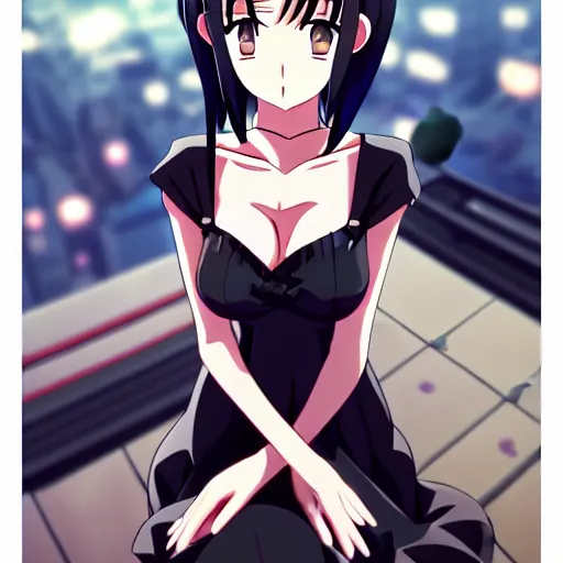 Prompt: adult woman, black dress, rooftop party, symmetrical faces and eyes symmetrical body, middle shot waist up, Madhouse anime, Kyoto animation, Wit studio anime, romantic lighting, 2D animation
