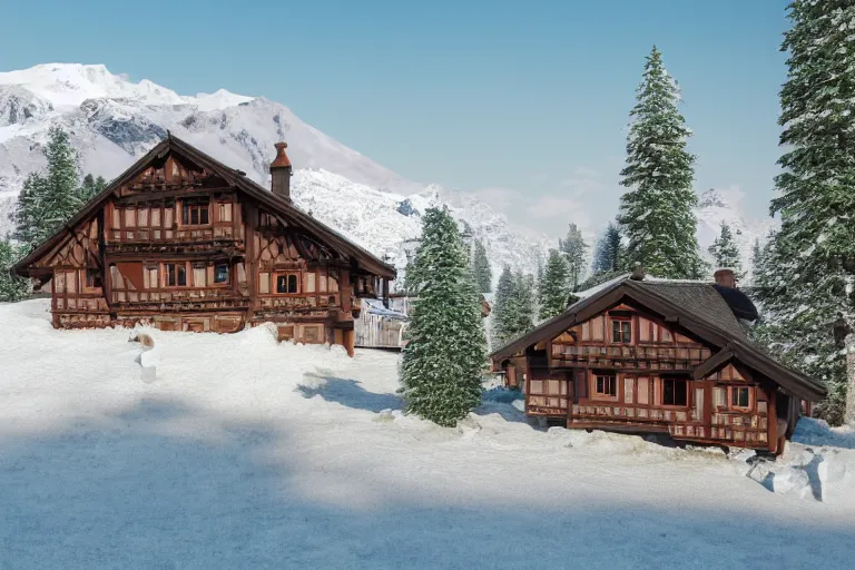 Image similar to futuristic half-timbered houses with in the forest with Elbrus mountain covered by snow on the background, architecture, 3d render 8k , high details