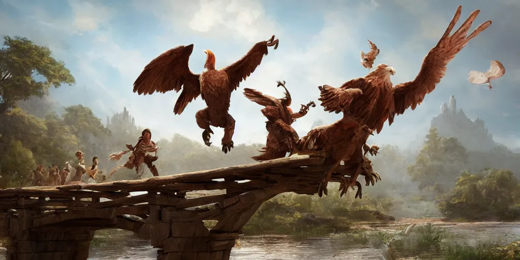 Image similar to two peasant heroes flee across a rickety wooden bridge from a giant eagle who swoops down in pursuit with talons extended. Pixar and Disney animation, sharp, Rendered in Unreal Engine 5, new video game concept art, redshift, dramatic lighting