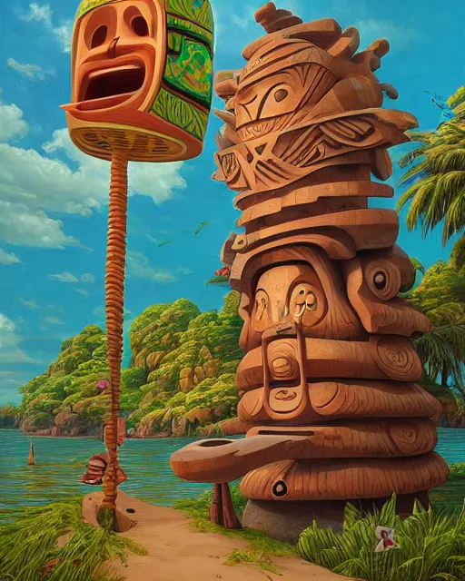 Prompt: a painting of a tribal tiki hut with a totem pole by its side, a surrealist painting by Naoto Hattori, by Beeple, by Makoto Shinkai and Lois van baarle, trending on deviantart, pop surrealism, lowbrow, grotesque, whimsical