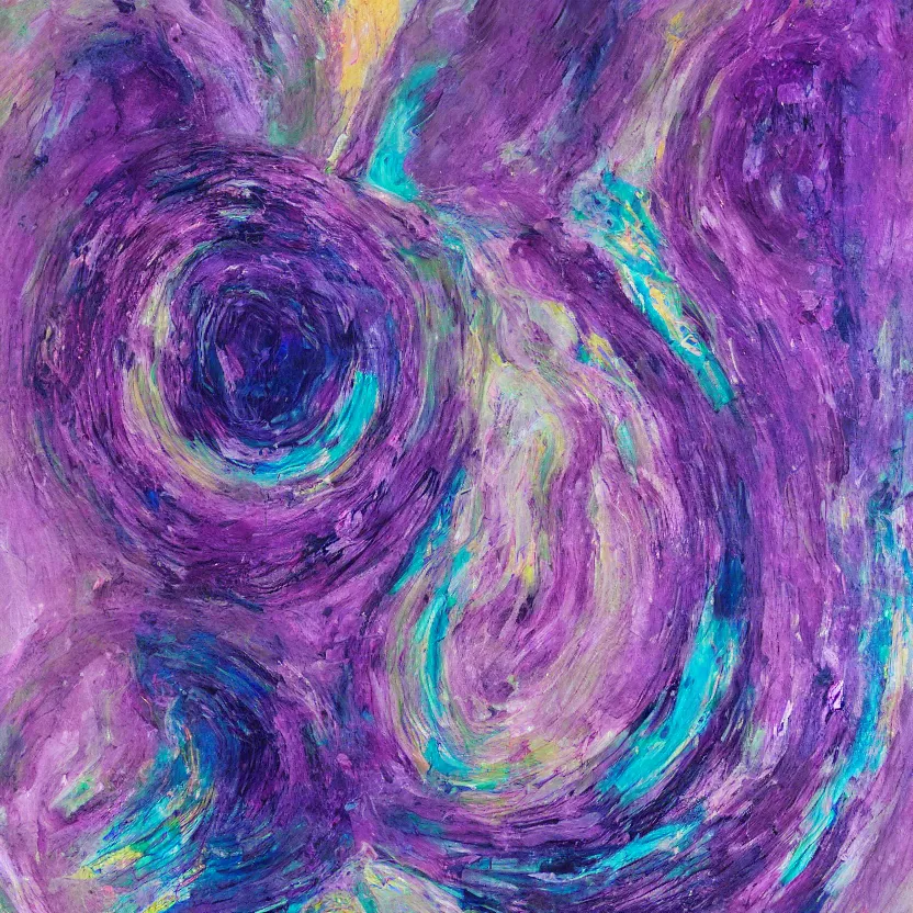 Image similar to abstract multiple layers of purple and blue shades paint dripping and running in a circular pattern in the rough form of a head, oil on canvas, detailed