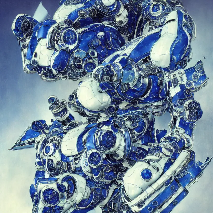 Prompt: a close - up portrait of an ornate blue and white porcelain mecha made out of white vitrified translucent ceramic ; china. reflective detailed textures. gloomy black background. highly detailed fantasy science fiction painting by moebius, norman rockwell, frank frazetta, and syd mead. rich colors, high contrast. artstation