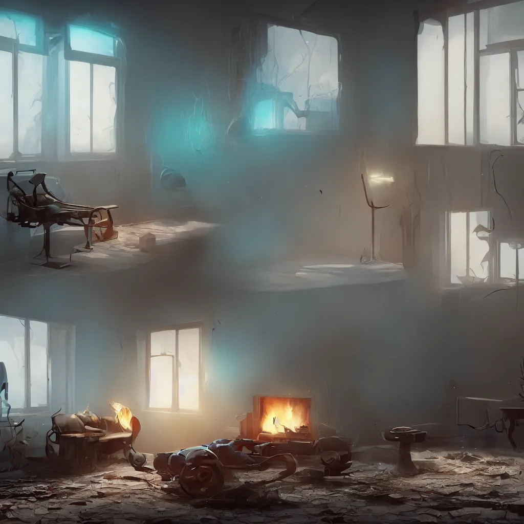 Image similar to intimate photograph of one single lone solitary cerulean and brown decaying futuristic robot lying on a frayed fainting couch in front of a beautiful fireplace with a cozy fire, in a dusty Victorian home, soft morning light seeping in a window, with cinematic lighting and lens flare, tall ceiling, octane render, cgsociety, by Simon Stalenhag and Rouhollah Toghyani and Sylvian Boussiron and Alfonso Cuaron, highly detailed closeup portrait, award-winning highly detailed 8k anamorphic closeup tight cinematic movie photograph