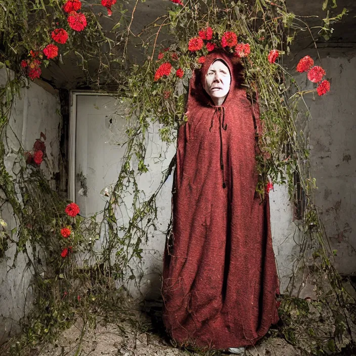 Image similar to a woman wearing a hooded cloak made of zinnias and barbed wire, in a derelict house, by Martin Schoeller, natural light, detailed face, CANON Eos C300, ƒ1.8, 35mm, 8K, medium-format print