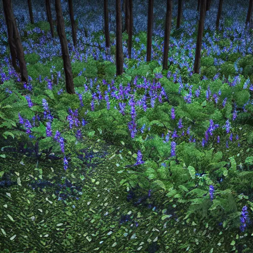 Image similar to artistic knee height render of blueberry bushes in a forest. Digital art. 4K. Unreal engine. Trending on artstation. Highly detailed.