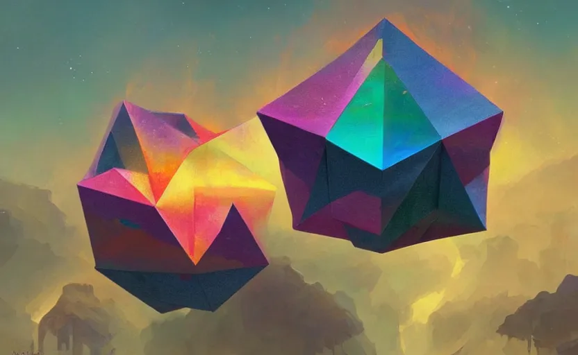 Image similar to a painting of a sierpinski icosahedron trending on artstation in the style of greg rutkowski, 3 d, fractal, 4 d, endless, rainbow, geometric