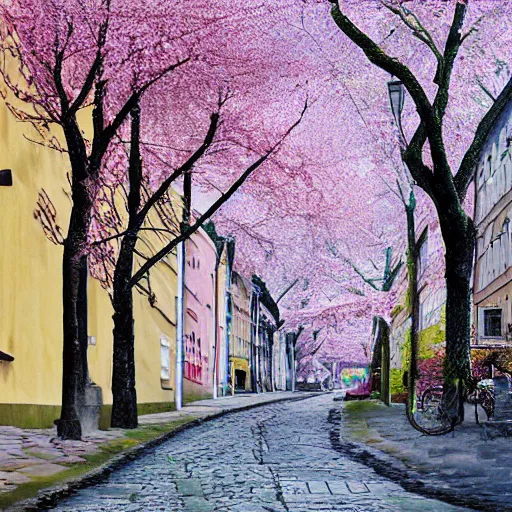 Prompt: ”street in Södermalm With cherry trees, trending on artstation, high quality digital art”