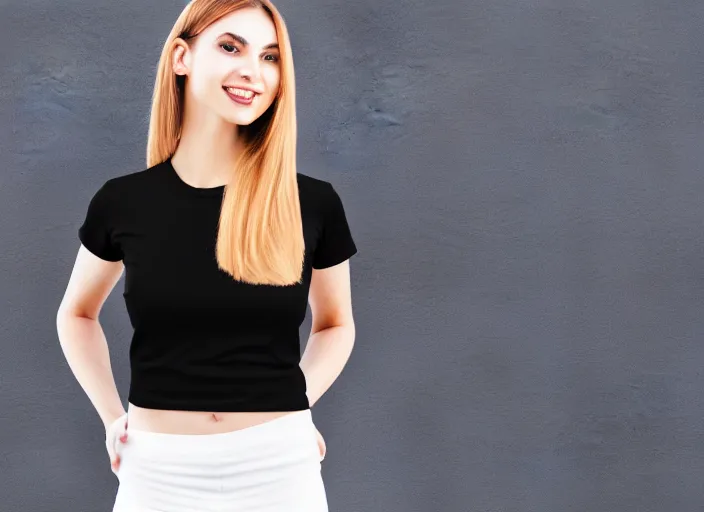 Image similar to clear photorealistic mockup product photograph of a blank black tshirt on an attractive female model in front of a lively street background