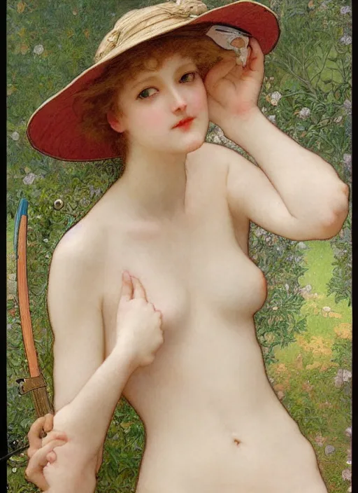 Prompt: leslie burke with straw hat, bouguereau and art nouveau mucha