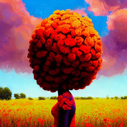 Image similar to giant red carnation afro head, full body, girl walking in the middle of a field with flowers, surreal photography, hills, sunrise dramatic light, impressionist painting, colorful clouds, digital painting, pointillism, artstation, simon stalenhag