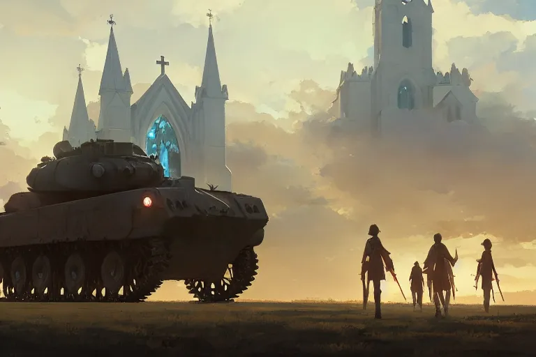 Prompt: concept art of a huge church mounted on a tank aka churchtank in an open field, key visual, ambient lighting, highly detailed, digital painting, artstation, concept art, sharp focus, by makoto shinkai and akihiko yoshida and greg manchess