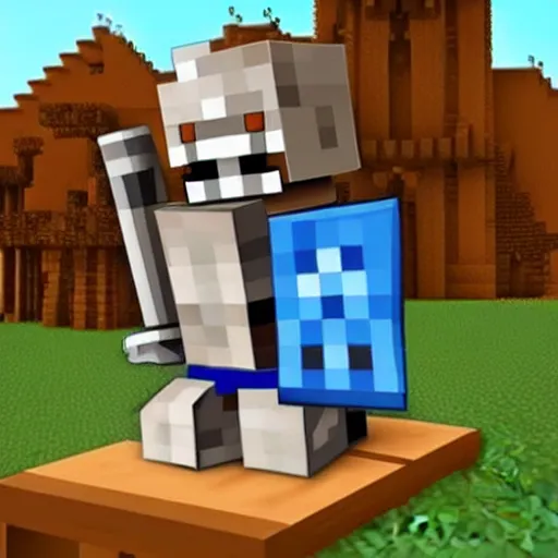 Image similar to a medievil knight sitting in front of a pc coding minecraft