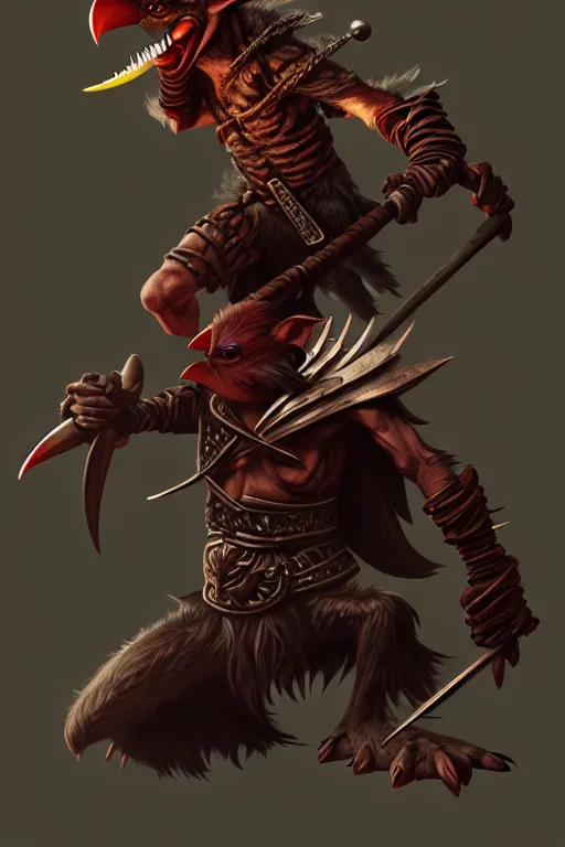 Prompt: goblin kenku barbarian, highly detailed, digital painting, artstation, sharp focus, illustration, art by tan zi and ayanamikodon and alphonse mucha and wlop