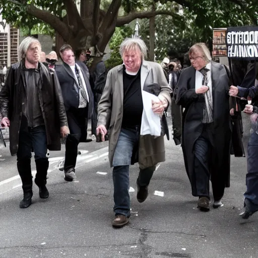 Prompt: the boondock saints approaching steve bannon outside of court