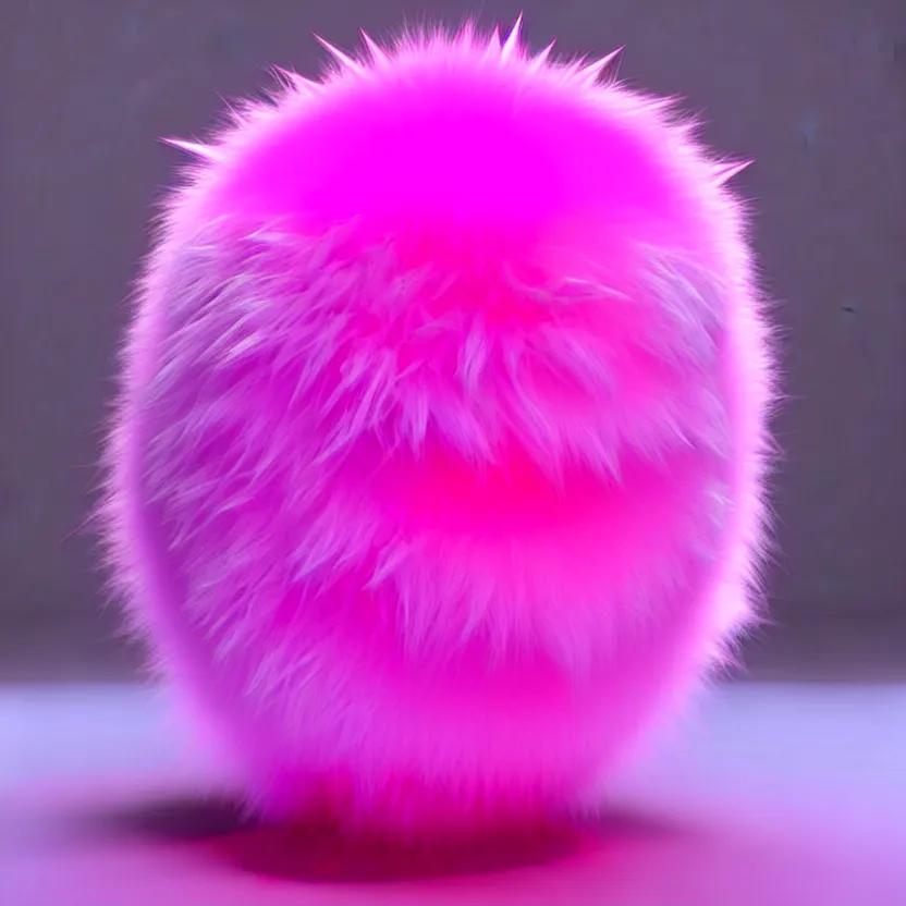 Image similar to high quality 3 d render hyperrealistic very cute pink big spherical creature, plush mascot, short spiky dense fluffy smooth hair, isometric 3 d, psychedelic lighting pink fluffy fur, 1 5 0 mm, beautiful natural soft light, rim light, smooth background, artstation, ultra detailed, elegant, ultra detailed, metallic armor, octane render