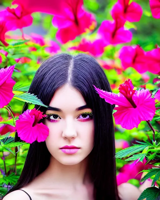 Image similar to an stunning beautiful girl is surrounded by colourful hibiscus flowers and marijuana plants, symmetric face and eyes, manga style, long straight black hair, visible face 8 k, soft focus, melanchonic soft light, volumetric lighting, highly detailed realistic, refined, highly detailed, soft blur outdoor lighting, fine art fashion photography 5 0 mm f 2