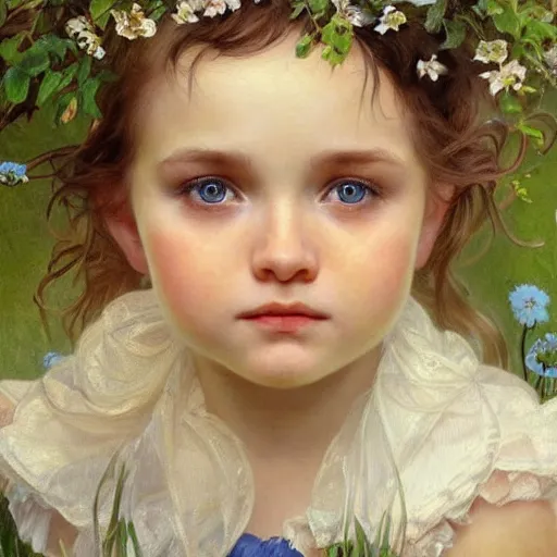 Prompt: a cute little girl with wavy light brown hair and blue eyes in a garden, beautiful highly detailed face, stunning painting by irakli nadar and greg rutkowski and alphonse mucha