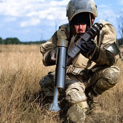 Image similar to a furry holding a rocket launcher in a battlefield, photograph