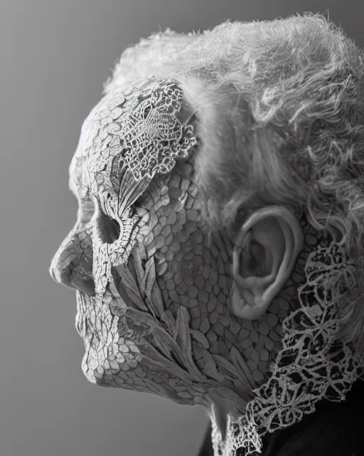 Prompt: a 9 0 year old woman's face in profile, made of intricate decorative lace leaf skeleton, in the style of the dutch masters and gregory crewdson, dark and moody, depth of field
