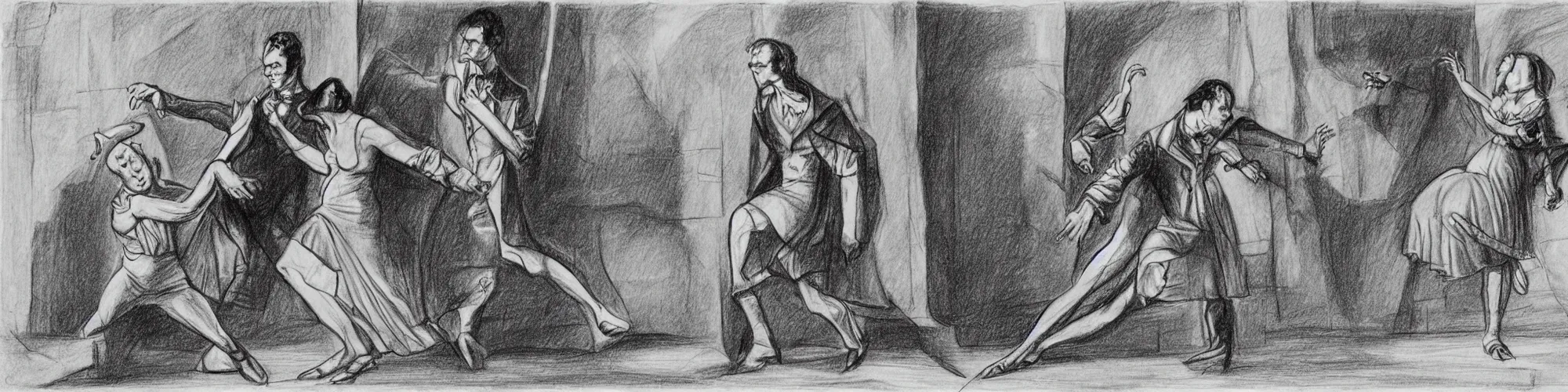 Image similar to frankenstein and his bride doing the silly walk in the ministry of silly walks, motion study, pencil drawing, very detailed, very silly