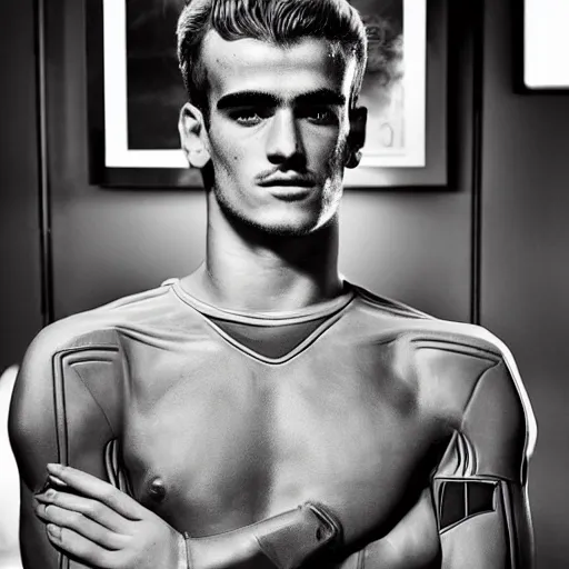 Image similar to a realistic detailed photo of a guy who is an attractive humanoid who is half robot and half humanoid, who is a male android, soccer player antoine griezmann, shiny skin, posing like a statue, blank stare, in a living room, on display, showing off his muscles