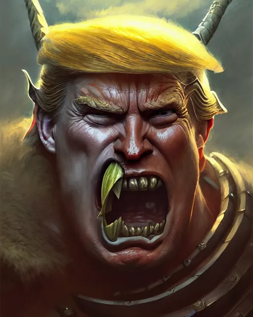 Image similar to trump as orc barbarian | | realistic shaded, fine details, realistic shaded lighting poster by greg rutkowski, magali villeneuve, artgerm, jeremy lipkin and michael garmash and rob rey