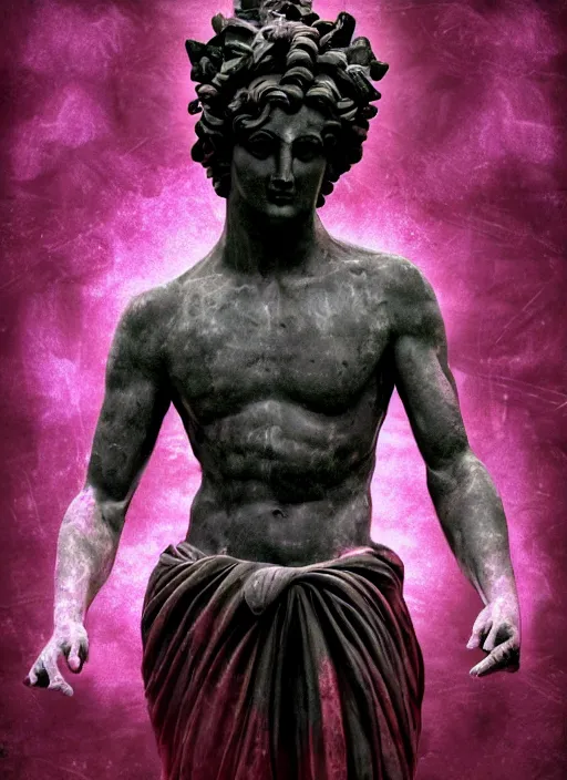 Image similar to elegant dark design poster showing a large greco roman statue of dionysus, black background with very subtle red and purple design elements, bold, powerful, nekro, vito acconci, thin straight purple lines, dark, glitch art, neo vaporwave, gritty, layout frame, square, trending on artstation