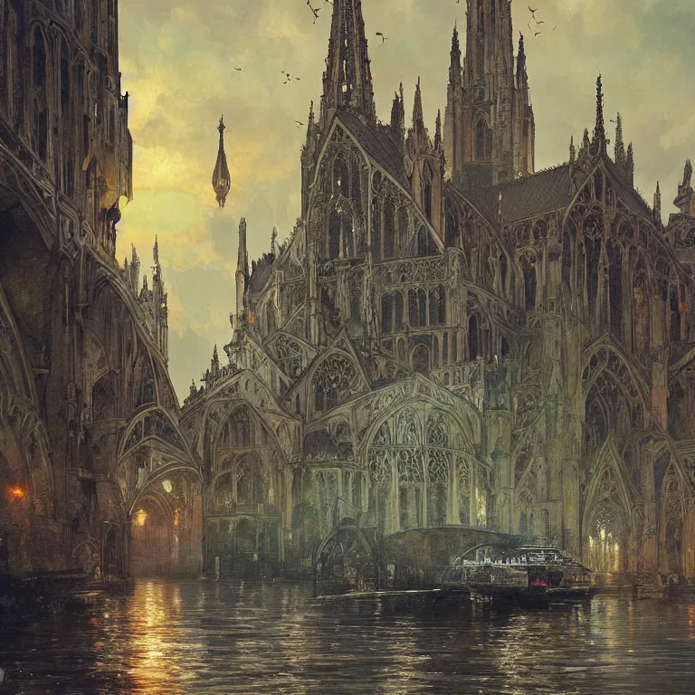 Prompt: a beautiful painting of the view from the river of ancient london cathedrals, at night with a sky full of stars, intricate, elegant, highly detailed, digital painting, artstation, concept art, by krenz cushart and artem demura and alphonse mucha