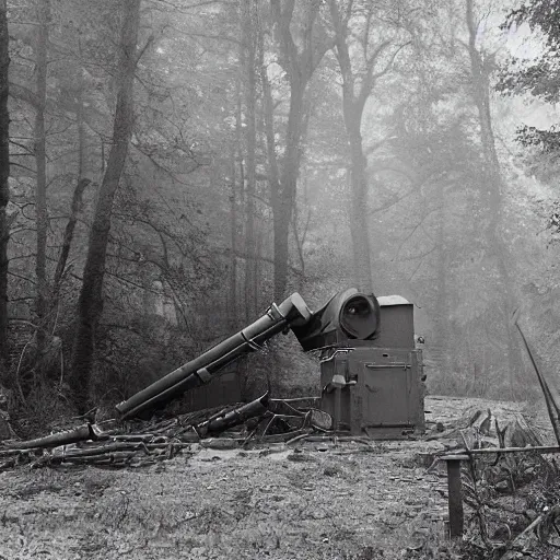 Image similar to film still of a military compound during ww 2 in the forest, big anti aircraft gun between 2 buildings, trenches dug around the perimeter, filmgrain, zeiss lens, redshift, octane, foggy diffused lighting