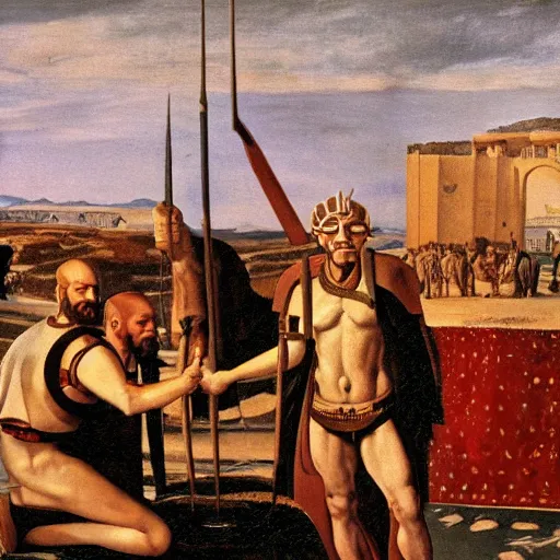 Prompt: Velazquez realistic painting of Gilgamesh the Immortal and the martian alien named Utnapishtim, with the Sumerian city-state of Uruk in the background.