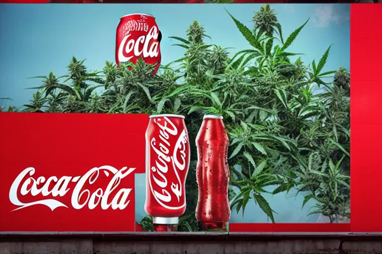 Image similar to magazine advertising of a new Coca-Cola Marijuana flavored, very happy people on the poster, ue4, hyperrealistic, billboard ad, creative advertising