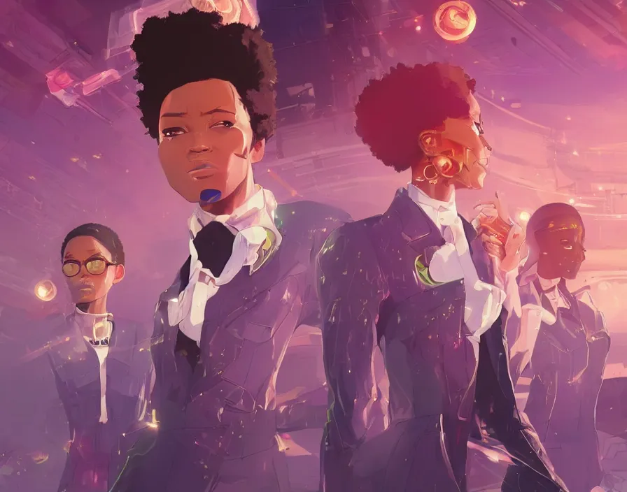 Image similar to afro - afrofuturism - futuristic philanthropists, business attire and money, cryto currency, hacking the financial multiverse | hyperrealistic digital art | by makoto shinkai, ilya kuvshinov, lois van baarle, rossdraws | afrofuturism, in the style of black is beltza, trending on artstation | dark color scheme