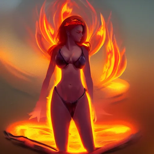 Image similar to Hot fire goddess, skin of flames, body made of fire, wearing armor, rampaging, stormy background, forest fire, breathing fire, fire in hand, concept art, tiny person watching, artstation, 4k