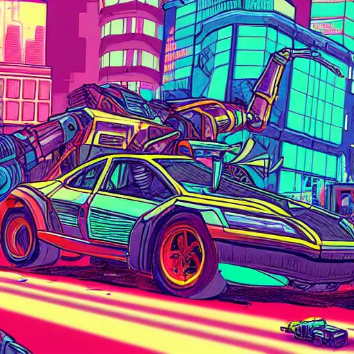 Prompt: hyper-detailed full colour comic illustration of a titan mecha dinosaur destroying streetracer cars, cyberpunk, neon