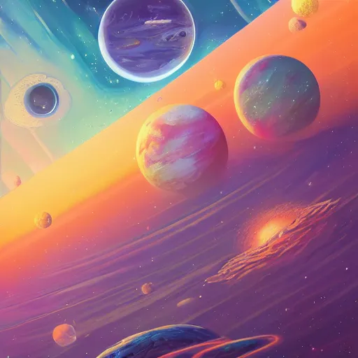 Image similar to space landscape, illustration painting, oil on canvas, intricate, detailed illustration, hd, digital art, overdetailed art, concept art, complementing colors, detailed, illustration painting by alex gray, digital art, overdetailed art, concept art, matte painting, concept art, complementing colors rendered by beeple, syd meade