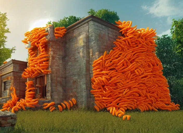Image similar to a house with walls of cheetos, award winning photography, trending on artstation, highly detailed