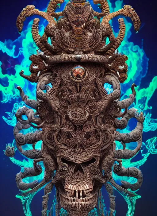 Image similar to 3 d ornate carved shaman with tattoos profile portrait, sigma 5 0 0 mm f / 5. beautiful intricate highly detailed quetzalcoatl skull. bioluminescent, plasma, lava, ice, water, wind, creature, thunderstorm, artwork by tooth wu and wlop and beeple and greg rutkowski, 8 k trending on artstation