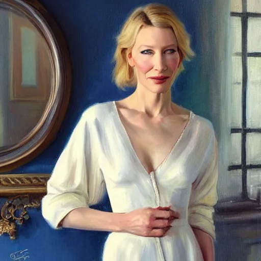 Image similar to cate blanchett in low-cut blouse in front of a mirror, painting by Vladimir Volegov