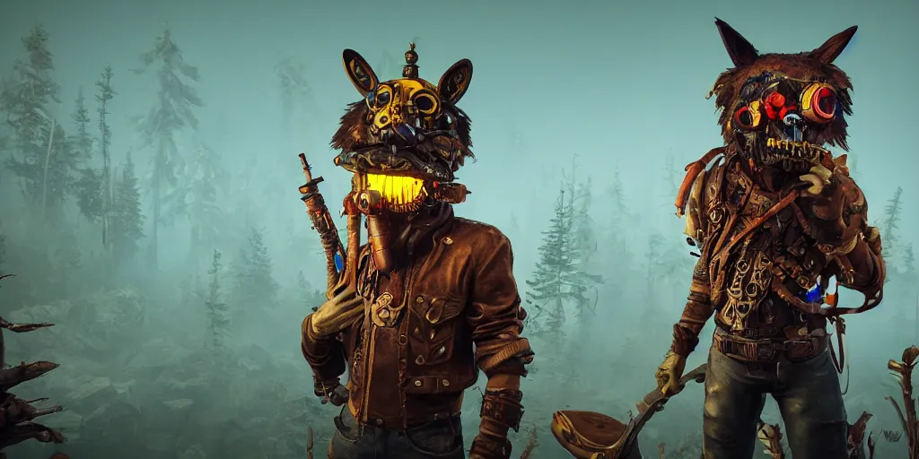 Image similar to woodsman wearing a steampunk and neonpunk mechanical fluorescent mystical animal mask in strange misty mountain landscape. fight with night monsters, night, realism in style of fornite game, 4 k, octane render, award winning photograph, epic cinematic shot, perfectly defined features, ambient occlusion