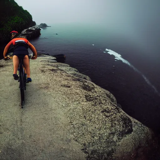 Image similar to a scene from a fever dream, Bicycling on a rocky path, Rider's POV, point of view, GoPro camera, entering the scary murky ocean, Fog. Ultrarealistic 25mm f/1.7 ASPH Lens