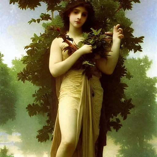 Image similar to earth goddess in beautiful dress with strong plant motive, william - adolphe bouguereau