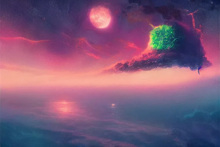 Prompt: surreal fantasy glitchwave painting, the night sky is an upside down ocean, the stars are fish in the depths, the night sky is a sea, distant nebula are glowing algae, the moon is an anglerfish by jessica rossier