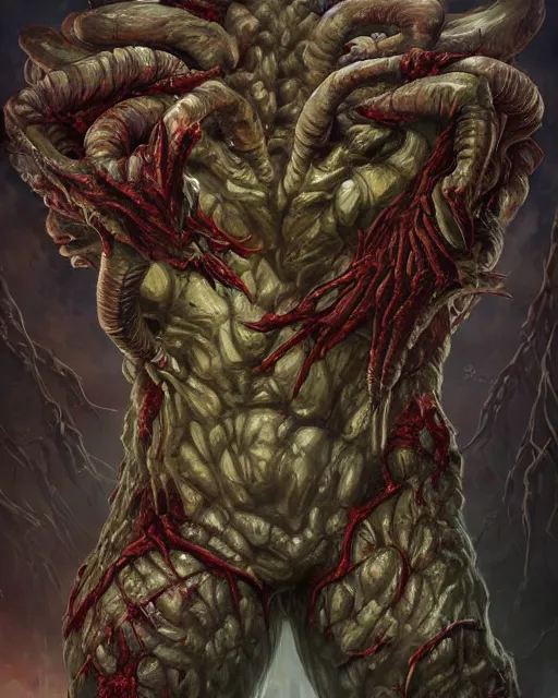 Image similar to Haunting horrifying detailed painting of a huge muscular hulking extraterrestrial flower monster made of bone and spinal cord, and bloodshot eyeballs, hyper detailed, trending on Artstation