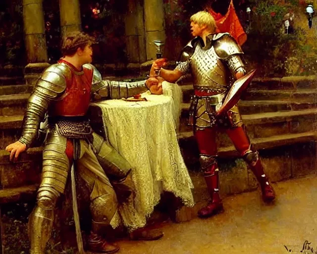 Image similar to arthur pendragon flirting wit his knight. the knight is also flirting back, highly detailed painting by gaston bussiere, craig mullins, j. c. leyendecker