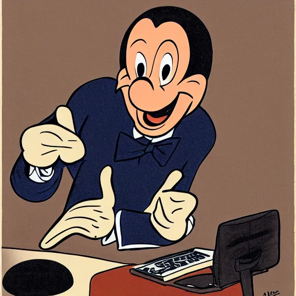 Image similar to walt disney illustration of a man frustrated with a computer