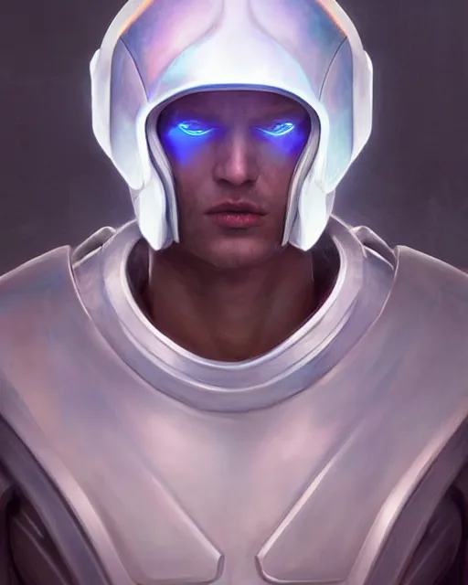 Image similar to iridescent sinewy smooth muscular male sleek glossy bluish white pearlescent scifi armor with smooth white featureless helmet, by greg rutkowski, mark brookes, jim burns, tom bagshaw, magali villeneuve, eve ventrue, trending on artstation