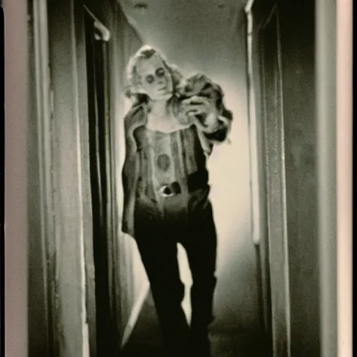 Prompt: tarman from the return of the living dead at the end of a dark hallway, polaroid,