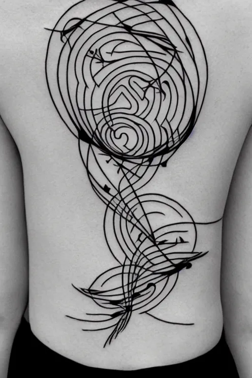 Prompt: a beautiful tattoo design of minimalist flying swallows made with lines and simple shapes, flying into geometric spirals, black ink, abstract logo, line art
