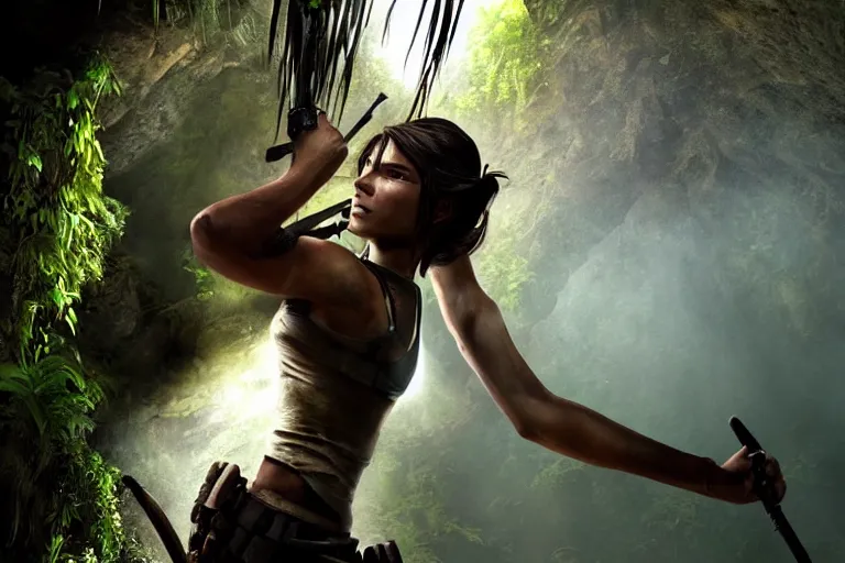 Prompt: Cinematography of Lara Croft discovering in a cave in the amazon jungle by Emmanuek Lubensky