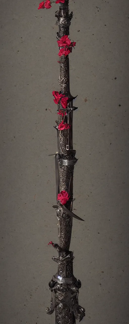 Prompt: a lone upright sword with an ornate hilt, Full body upright a lone sword display shot fully visible, extremely detailed made of vivid flowers and dark vines sword longsword with red rune+engravings, Epic, 8k, 4k, ultra detail, ultra realistic, 85mm lens, by Bayward wu, Anato Finnstark, Naoki Ikushima, cinematic,